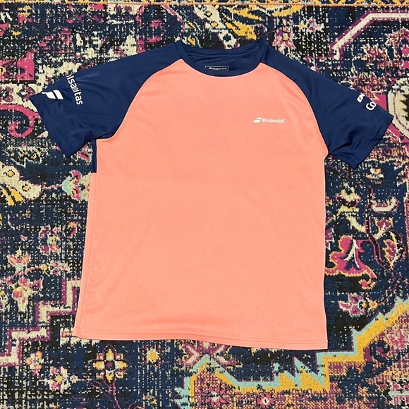 BABOLAT Men's Play Crew Tee Quick-Drying 100% Polyester Navy/Coral SIZE Large - Picture 1 of 2